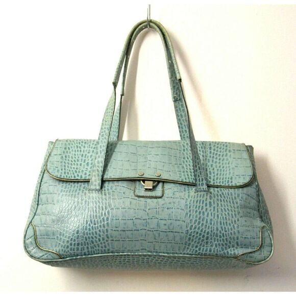 HILFIGER LIGHT BLUE AQUA CROCO PRINT GENUINE LEATHER TOTE SHOULDER BAG HANDBAG - Picture 1 of 8
